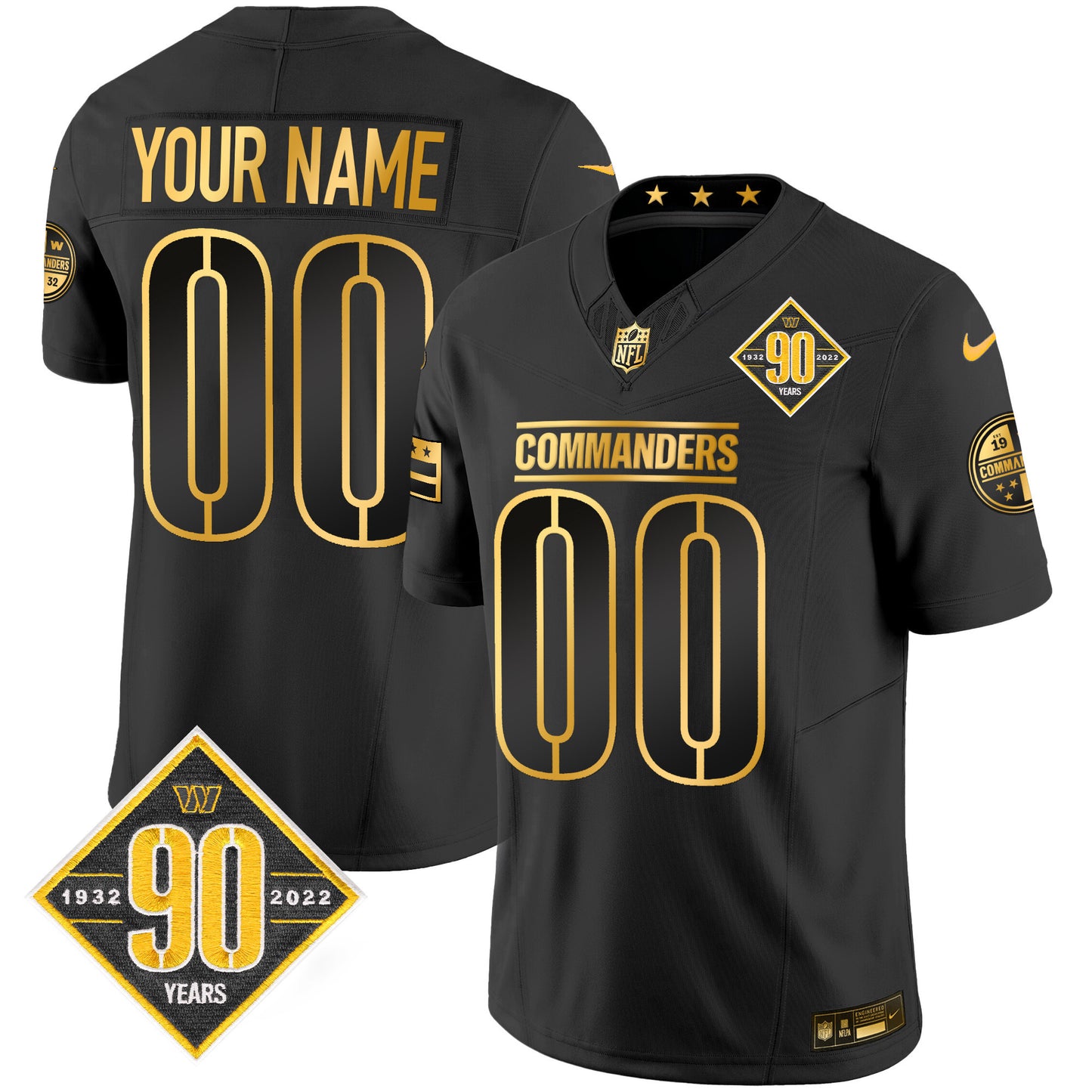 Washington Commanders 90th Anniversary Patch Gold Vapor Custom Jersey - All Stitched