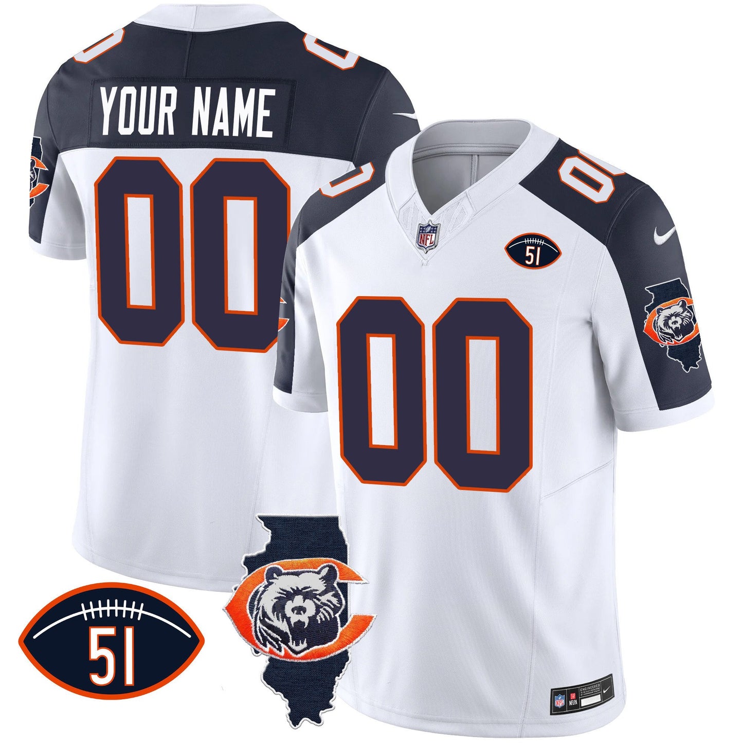 Bears Throwback Illinois Patch Vapor Custom Jersey - All Stitched