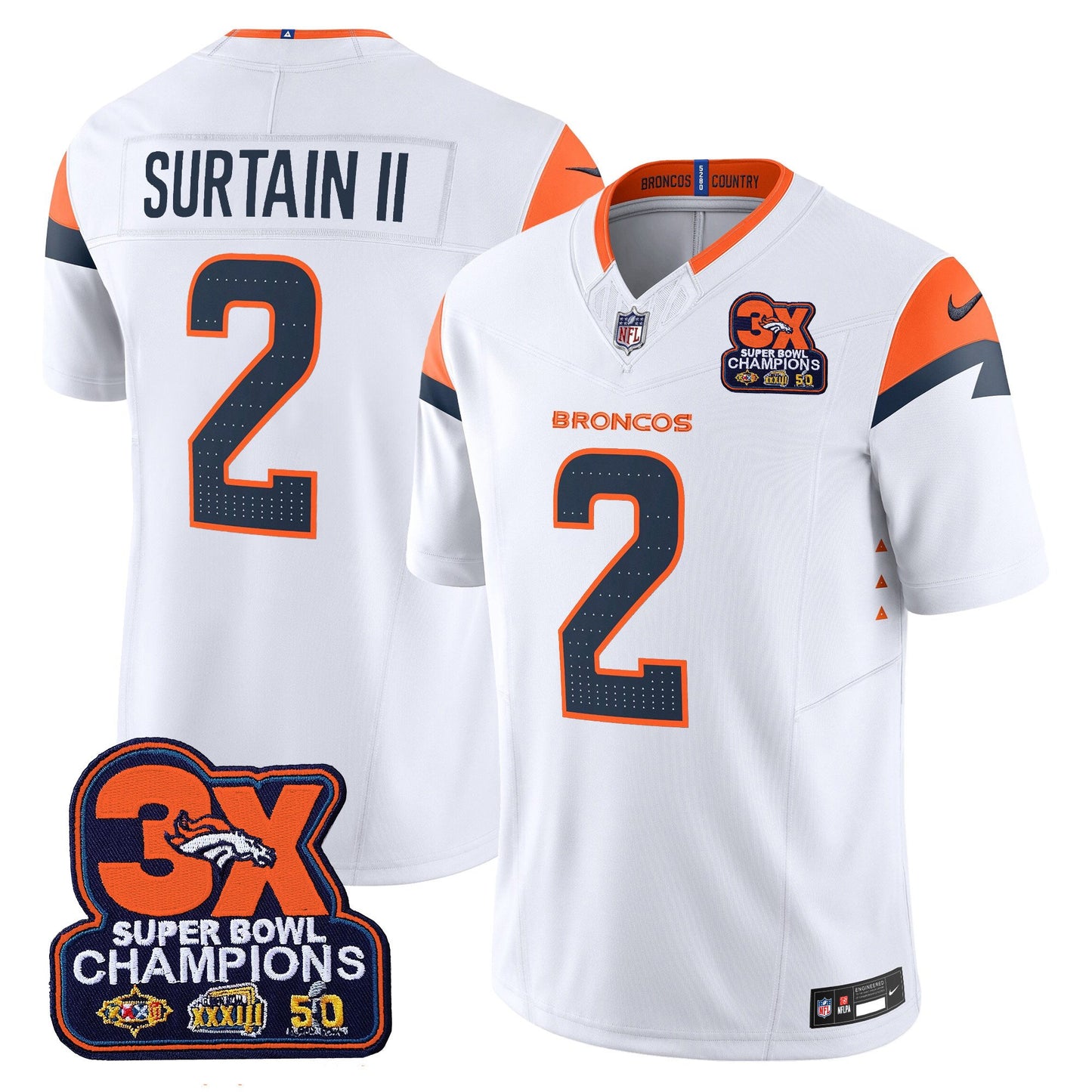 Denver Broncos 3-Time Champions Patch Vapor Limited Jersey - All Stitched