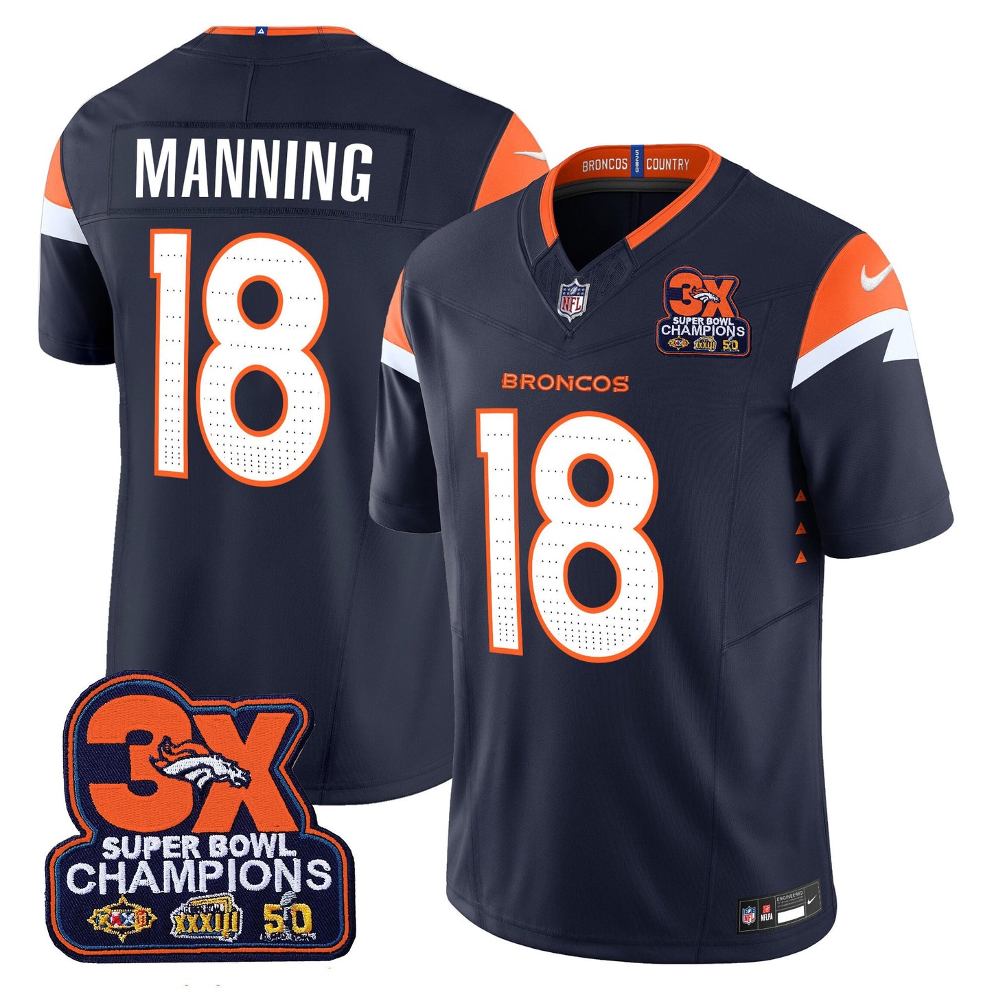 Denver Broncos 3-Time Champions Patch Vapor Limited Jersey - All Stitched