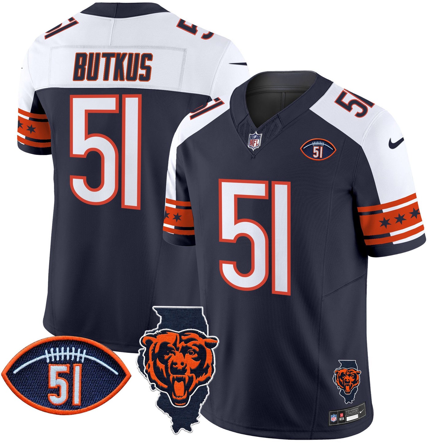 Bears Illinois & Dick Butkus Patch Vapor Limited Jersey - All Stitched