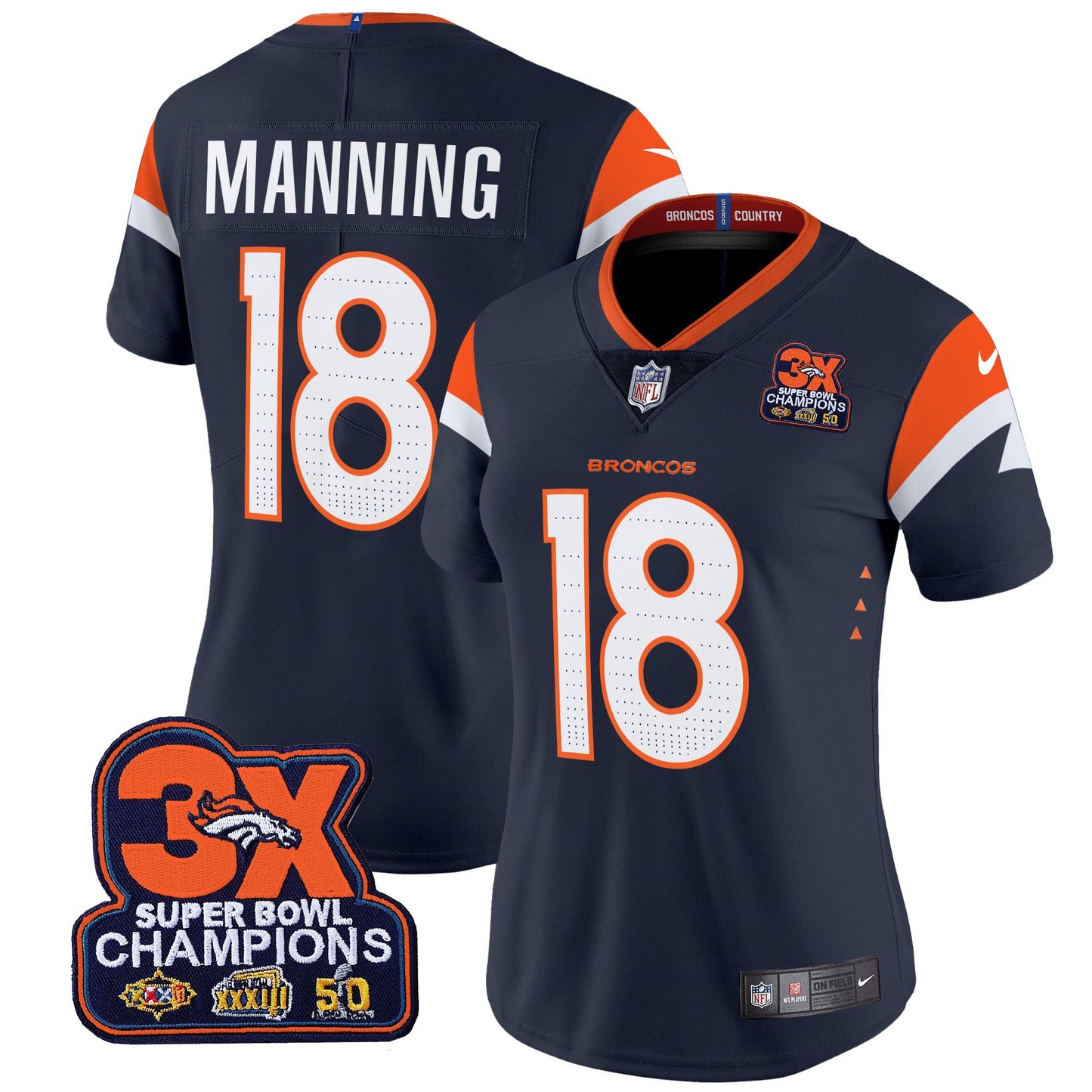 Women's Denver Broncos 3-Time Champions Patch Vapor Limited Jersey - All Stitched