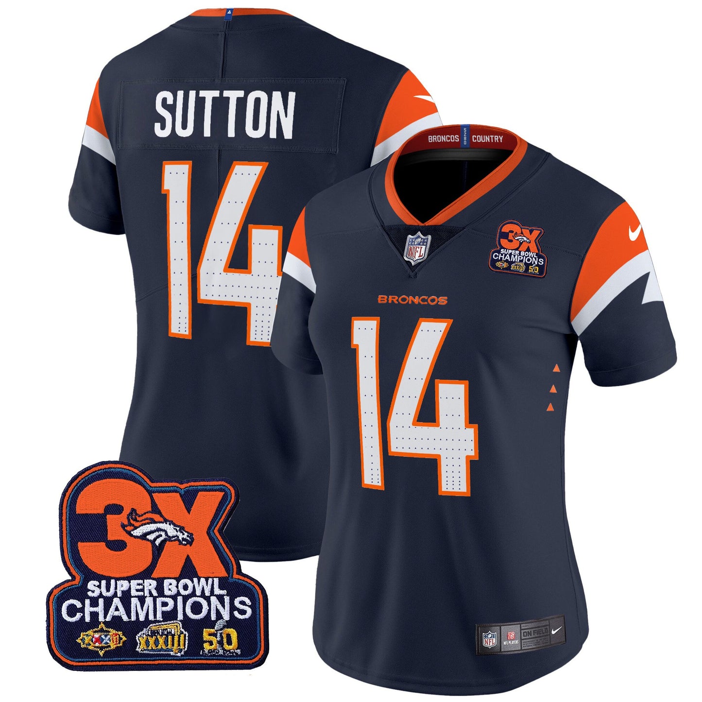 Women's Denver Broncos 3-Time Champions Patch Vapor Limited Jersey - All Stitched