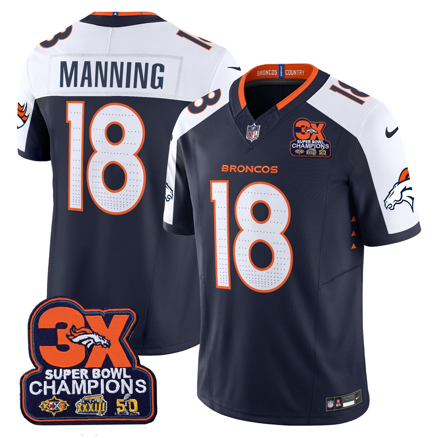 Denver Broncos 3-Time Champions Patch Vapor Limited Jersey - All Stitched