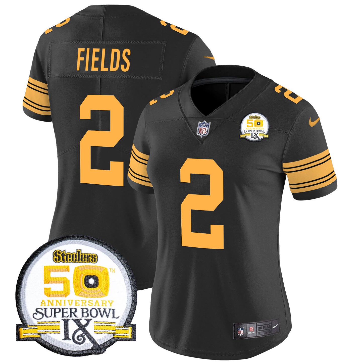 Women Steelers 50th Anniversary Of Super Bowl IX Patch Vapor Limited Jersey - All Stitched