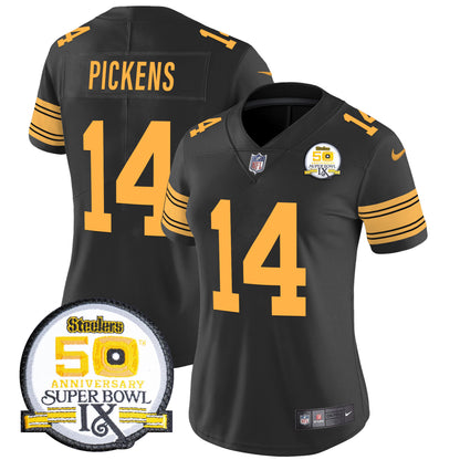 Women Steelers 50th Anniversary Of Super Bowl IX Patch Vapor Limited Jersey - All Stitched